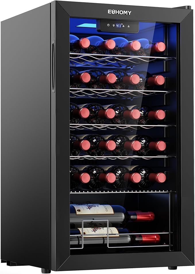 EUHOMY 25 bottle Wine Cooler Refrigerator, Freestanding Compressor Wine Fridge with Adjustable Temperature and Digital Control, Mini Fridge with Glass Door for Red White Wine, Beer, Black
