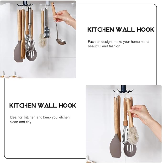 Beaupretty Punchless Kitchen Utensil Hooks Set, 2pcs Spatula and Spoon Wall Organizer Hooks, Black and Gray-White, Self-Adhesive Storage Holder for Kitchen Wall Mount