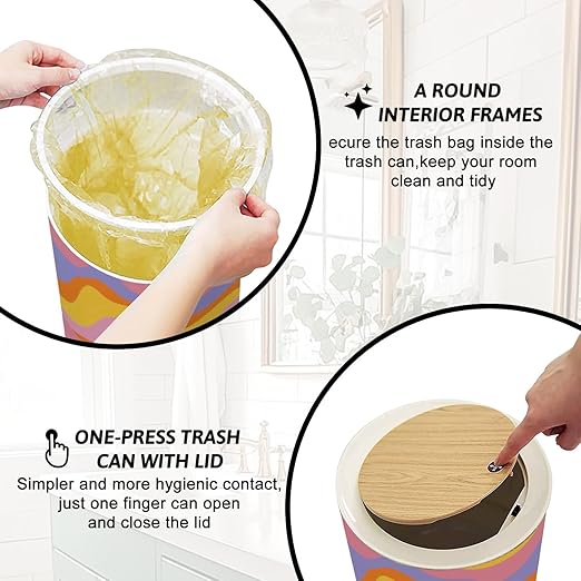 Trash Can with Lid Groovy retro seamless Disco wavy rainbow for trendy funky prints Press Top Round Small Garbage Bin with Wooden Legs Waste Basket for Kitchen Bedroom Nursery 7L/1.8 Gallon