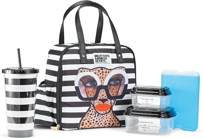 Fit & Fresh Lunch Bag For Women, Insulated Womens Lunch Bag For Work, Leakproof & Stain-Resistant Large Lunch Box For Women With Containers, Tumbler and Ice Pack, Zipper Closure B&W Glam Cat