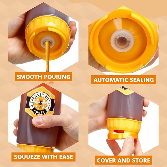SiliFine 4 Pcs Honey Dispenser No-drip with Lid, Honey & Syrup Squeeze Bottle, Refillable Condiment Bottle Bpa-free, More Hygienic for Sauces Ketchup Kitchen Pancakes Salad Dressings (24 oz)