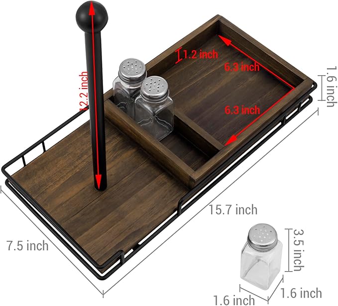 MyGift Paper Towel Holder with Napkin Holder and 3 Spice Shakers, Rustic Burnt Solid Wood and Industrial Matte Black Metal Paper Towel Roll Dispenser, Farmhouse Kitchen Stoage