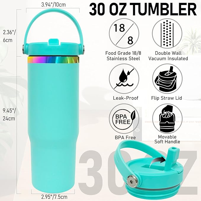 30 oz Tumbler with Handle and Straw, Vacuum Insulated Tumblers with Flip Straw and Top Handle, Leakproof Powder Coated Tumbler, Stainless Steel Travel Mug for Coffee Water (Blue)