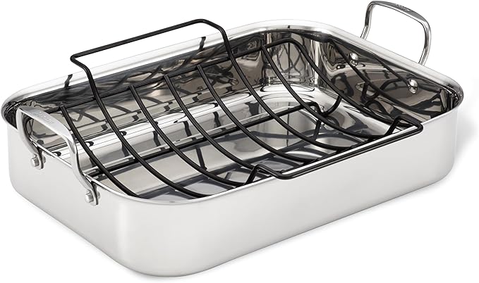 Anolon Triply Clad Stainless Steel Roaster / Roasting Pan with Rack - 17 Inch x 12.5 Inch, Silver
