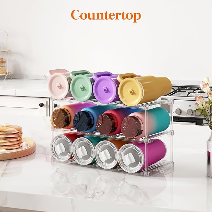 Lifewit Stackable Bottle Storage Organizer, Clear Freestanding Wine Holder for Cabinet, Large Slot Water Bottle Tumbler Cup Organizer for Pantry, Plastic Wine Rack for Fridge Cellar, 3Tier Hold 12