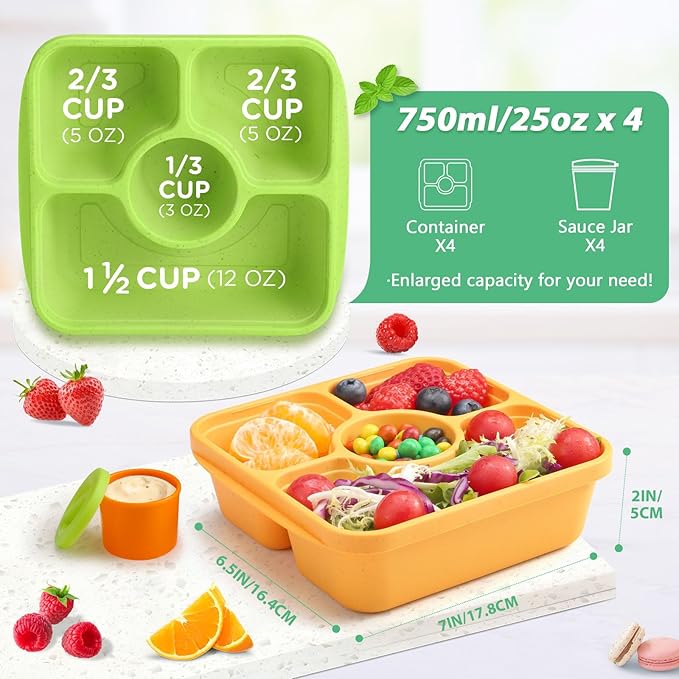 QQKO Bento Snack Box Containers for Adults Kids, 4 Pack Lunchable Meal Prep Containers Reusable, Stackable Bento Lunch Box, Food Storage Prep Containers with 4 Sauce Cups, Jewel Color, White Lid