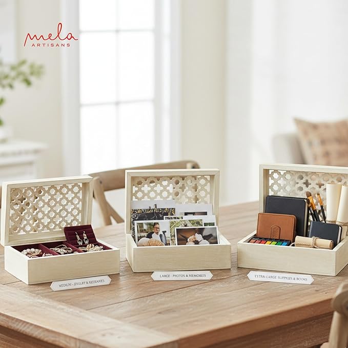 Mela Artisans Trellis Mango Wood Decorative Storage Box – Hand-Carved Wooden Jewelry Box for Keepsakes, Accessories & Home Decor – Whitewash, Medium, 7.5 x 4.5 x 3