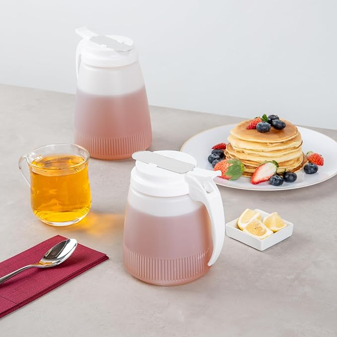 Restaurantware-Chef 101 32 Ounce All Purpose Syrup Dispenser, 1 Honey Dispenser - White Top, Stainless Steel Slide Cover, Plastic Pancake Syrup Bottle, Perfect For Diners, Restaurants, Home