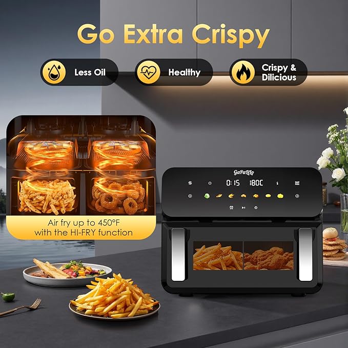 11QT Dual Air Fryer, Double Basket Air Fryer with 2×5.5QT Baskets, Digital Touchscreen Control, Easy-View Window, SyncCook Function, Cook 2 Dishes at Once for Family of 4-6, 1700W,Dark Black