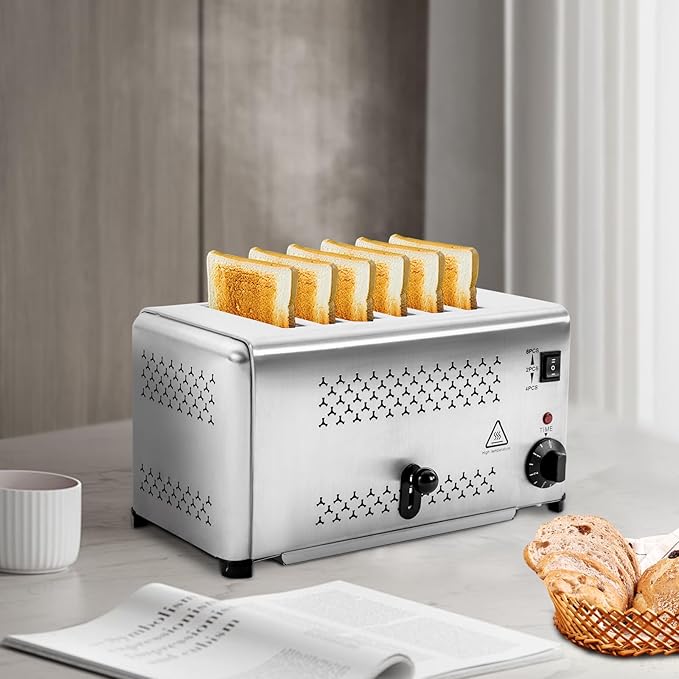 Stainless Steel 6 Slice Toaster, Electric Bread Baking Machine Commercial Toaster with Crumb Tray and Timer Bread Toasters for Home Kitchen Restaurant Bakery (3 Modes/1650W)