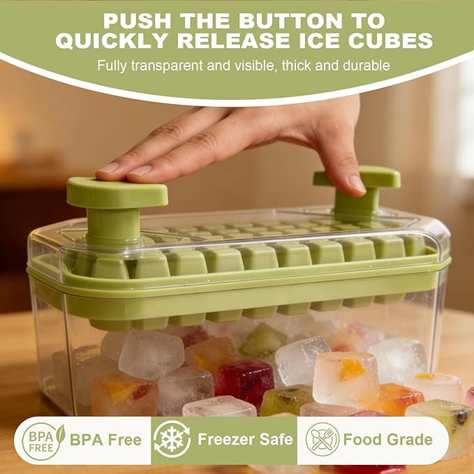 Ice Cube Tray with Lid and Bin+ Ice Cube Trays Press Easy Release