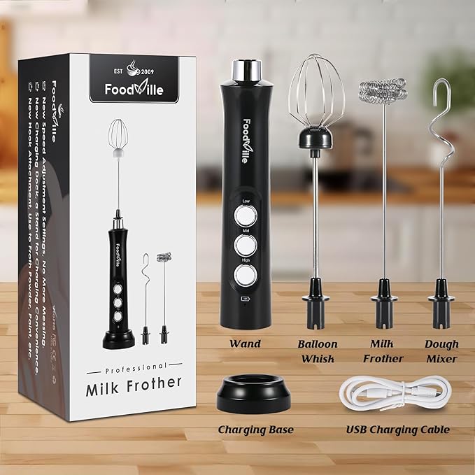 FoodVille MF09 3 in 1 Rechargeable Milk Frother Handheld Foam Maker with Charging Stand & 3 Stainless Steel Whisks (Black without Case)