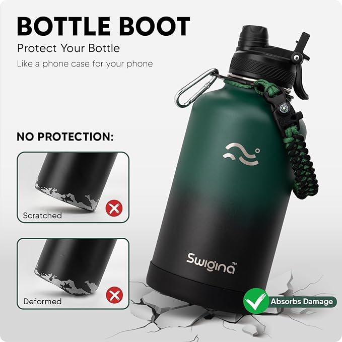 Swigina Insulated Water Bottle with Silicone Boot (36hrs Cold/18hrs Hot) - DIY Stickers, [2-in-1 Lid], BPA Free, 64 oz