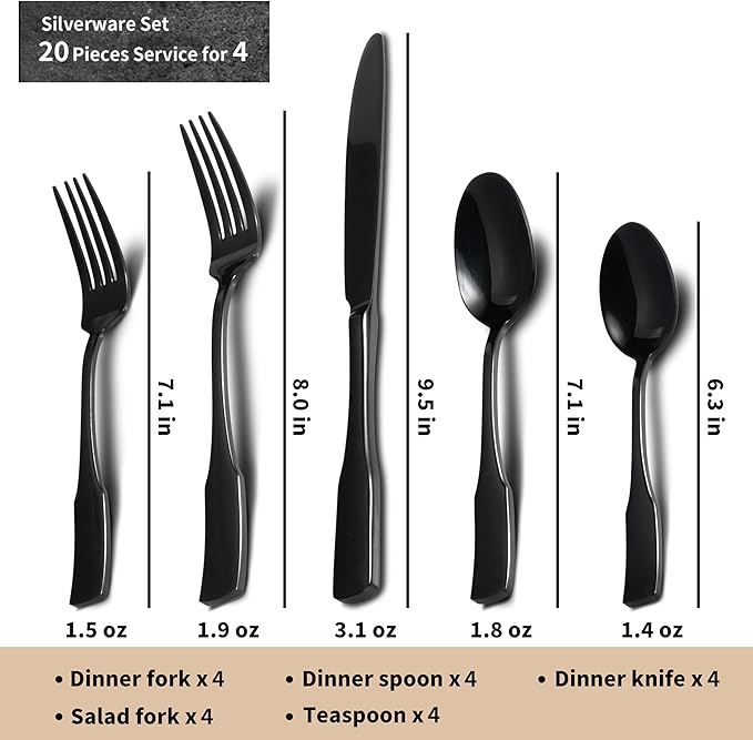 Alata Kate Black Mirror 20-Piece Silverware, Service for 4, Stainless Steel Flatware, Mirror Polished Cutlery, Dishwasher Safe