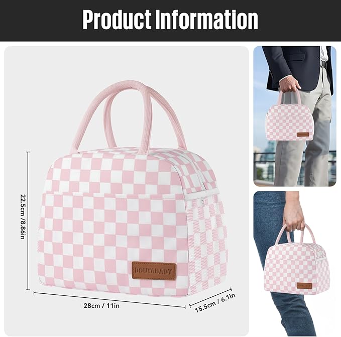 douyadady Lunch Bag Women/Men Lunch Box Women/Men (Pink+White Checkerboard)