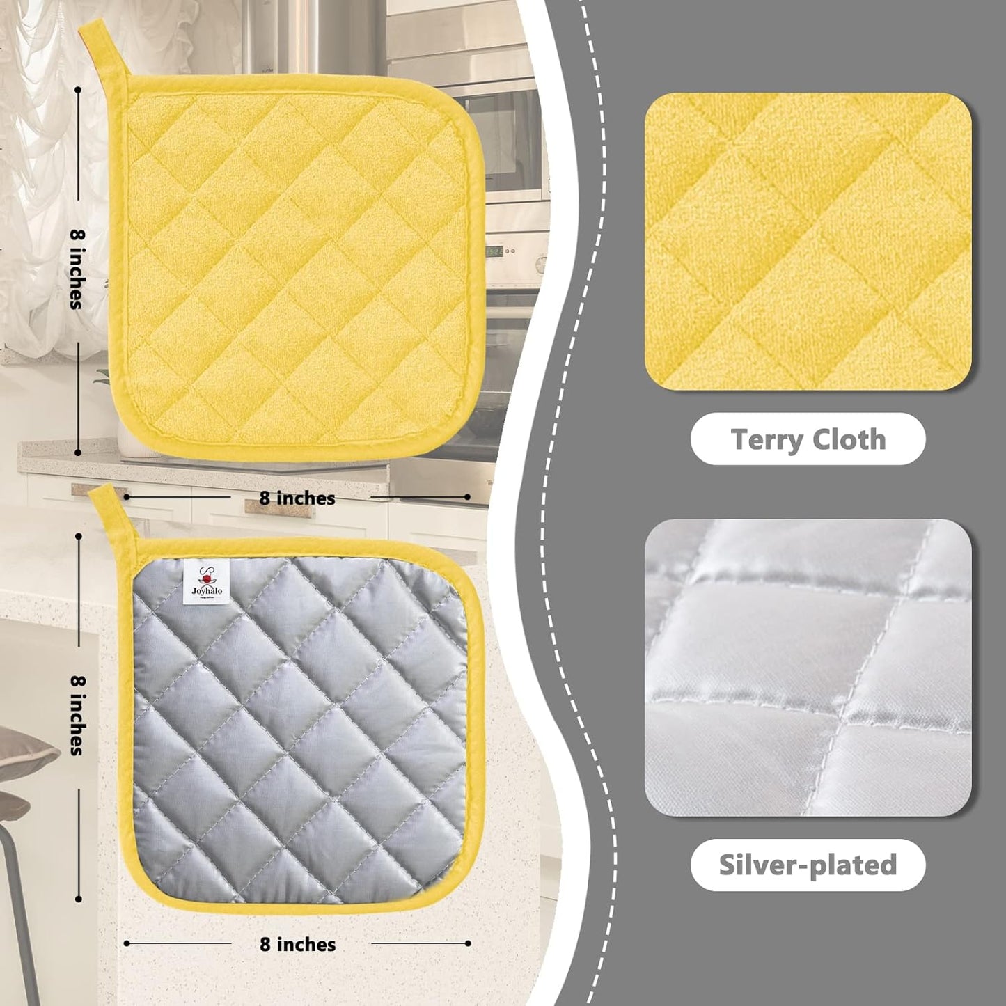 Joyhalo 4 Pack Pot Holders for Kitchen,Cotton Oven Holder with Great Heat Resistance,Non Slip Hot Pads for Kitchen Clearance,Yellow
