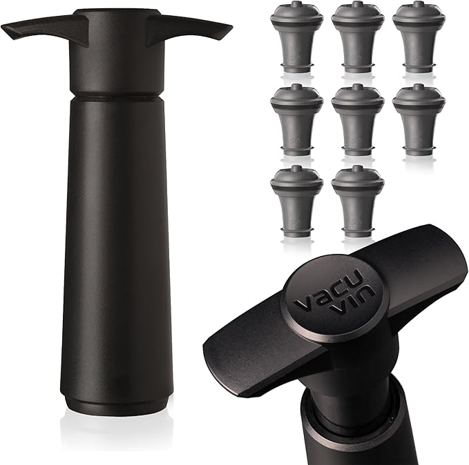 Vacu Vin Wine Saver Pump Black with 8 Vacuum Stopper Grey - Airtight Seal for Opened Bottles to Preserve the Freshness Up to 10 Days - Easy to Use Perfect for Every Occasion