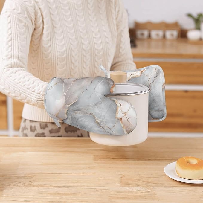 Oven Mitts and Pot Holders Gray Pastel Pink Marble Absstract Silicone Kitchen Accessories Set of 4 Heat Resistant Long Gloves Potholder Non-Slip Grip for Chef Cooking Baking Grilling BBQ