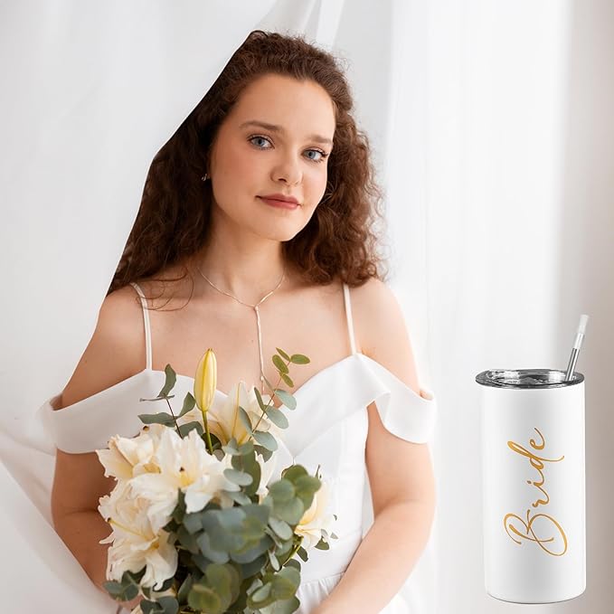 Bride Gifts Bridal Shower Gifts for Bride Cup Wedding Engagement Bachelorette Party Favors Stainless Steel Insulated Skinny Tumbler with Lid and Straw 15 OZ