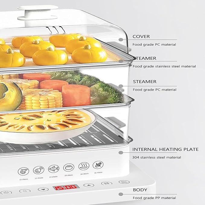 40l 3-Tier Electric Food Steamer | 800w Automatic Multicooker with Touch Control, Heat Preservation, Foldable Design for Healthy Cooking