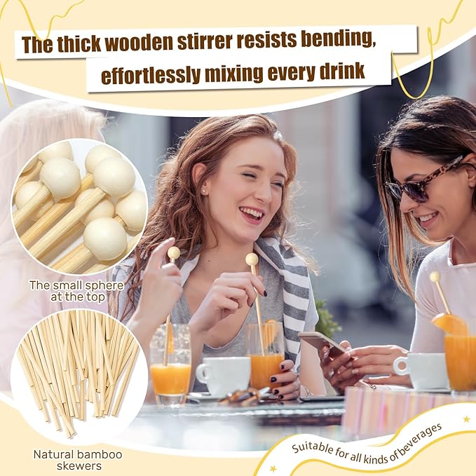 100PCS Rock Candy Sticks with Ball Tips,6 Inch Wood Swizzles Sticks,Natural Wood Cake & Drink Stirrer Sticks for Lollipop Coffee Appetizer Skewers (Natural wood)