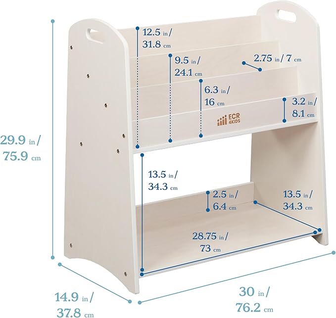 ECR4Kids 3-Shelf Floor Book Display with Handles and Storage, 30in, Kids Bookshelf, White Wash
