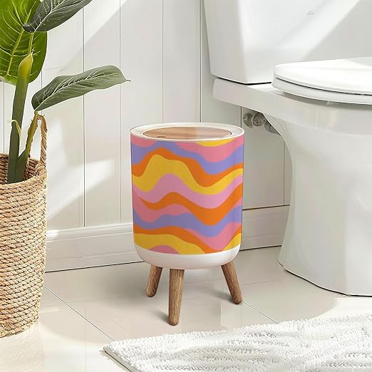 Trash Can with Lid Groovy retro seamless Disco wavy rainbow for trendy funky prints Press Top Round Small Garbage Bin with Wooden Legs Waste Basket for Kitchen Bedroom Nursery 7L/1.8 Gallon