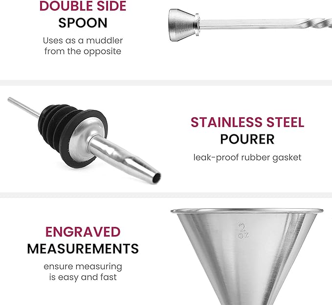 Expert Cocktail Shaker Home Bar Set - 14 Piece Stainless Steel Bar Tools Kit with Shaking Tins, Flat Bottle Opener, Double Bar Jigger, Hawthorne Strainer, Shot Glasses, Bar Spoon, and 6 Pour Spouts.