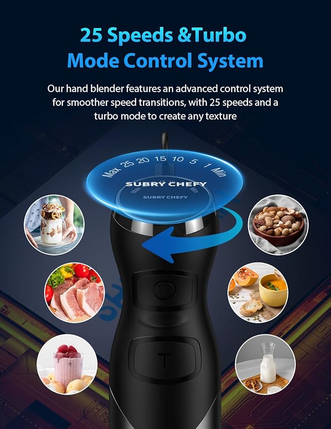 1000W Immersion Blender Handheld – 25-Speed, Stainless Steel, Hand Blender, Corded Hand Mixer with Heavy-Duty Copper Brushless Motor (Silver)