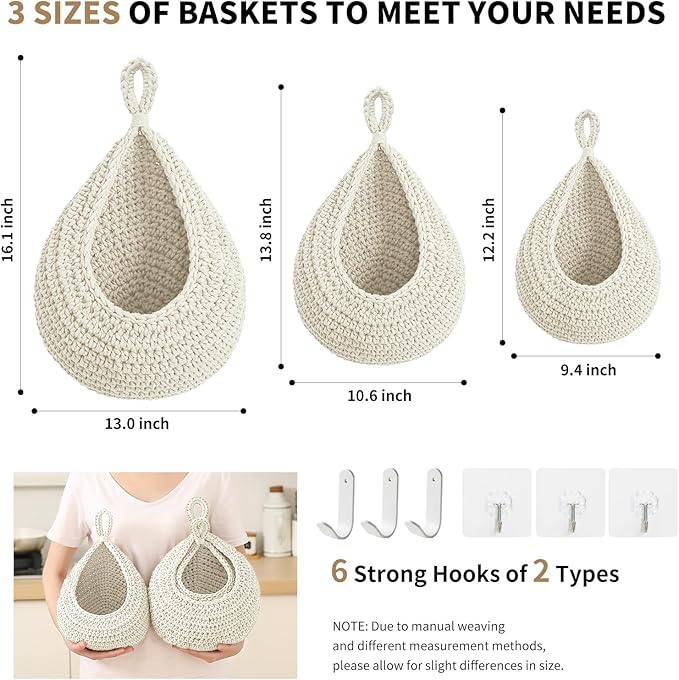 Boho Wall Hanging Fruit Baskets for Kitchen 3 Pack Woven Produce Holder with 6 Pcs Strong Hooks Vegetable Hanging Basket for Organizing Teardrop Home Wall Potato Onion Storage, White