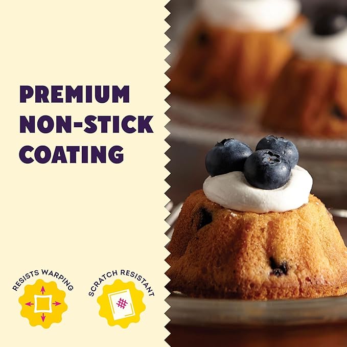 Wilton Gold Non-Stick Bakeware Mini Fluted Pan - Baking Pan for Mini Bundt Cakes, Donuts & More - Made Without PFAS & Scratch Resistant - Offers Even Heat Distribution - 16.5 x 11 Inch, 12-Cavity