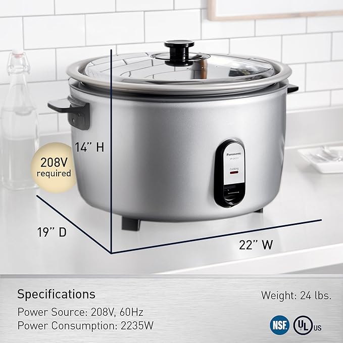 Panasonic Commercial Electric Rice Cooker, 208V Extra-Large Capacity 80-Cup (Cooked), 40-Cup (Uncooked) with One-Touch Operation - SR-GA721L - Silver
