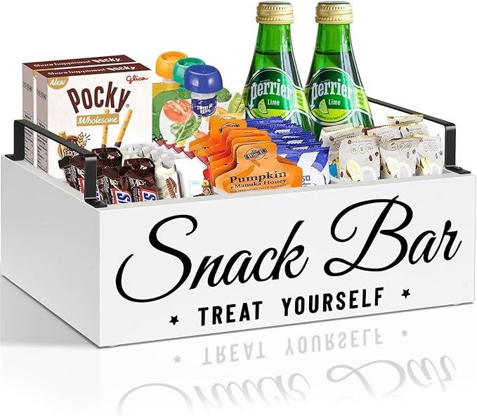 Snack Organizer for Countertop, Wood Pantry Storage Bins with Handles, Snack Bar Organizer for Pantry Shelf, Kitchen, 4 Compartment Food Container Snack Box, Pantry Organizer for Snacks, Chips