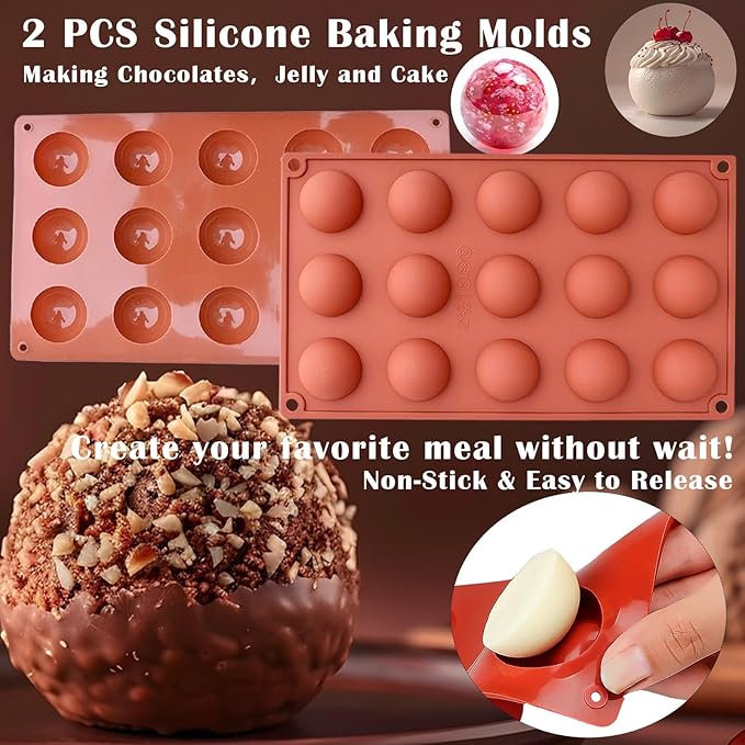 2 Pcs Chocolate Molds, 15-Cavity Semi-Sphere Non-Stick Silicone Chocolate Mold, Small Baking Baking Molds for Making Chocolate, Cake, Jelly, Mousse, Ideal Homemade Food Grade BPA Free Silicone Mold