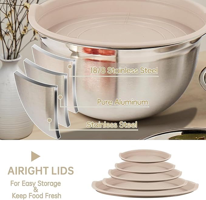 WEPSEN Mixing Bowls Set, 25PCS Khaki Mixing Bowls With Lids Set Stainless Steel Kitchen Large Nesting Metal Bowl 7QT to 1.5QT, Measuring Cups and Spoons for Prepping Cooking Serving