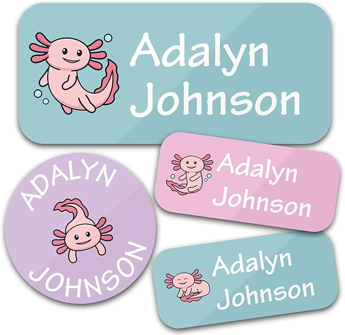 Personalized Daycare Name Labels for Kids (130 Labels) - Custom Waterproof Name Stickers for Clothing Tags, Water Bottles, Lunch Boxes and School Supplies (Axolotls)
