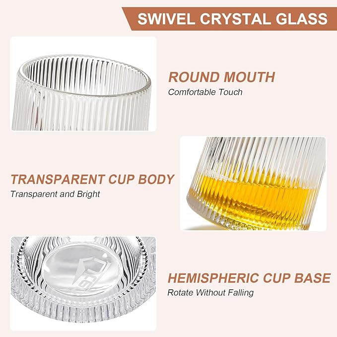 Rotatable Old Fashioned Glass, 275ml/10oz Crystal Whiskey Glass Set of 4, Wood Coaster, Thickening, Used as Rum Glass, Cocktail Cup, Coffee Cup, Milk Cup to Relax and Reduce Stress, Christmas gifts