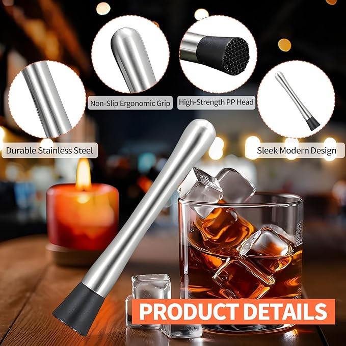 Muddler for Cocktails,8" Stainless Steel Cocktail Muddler for Lemonade, Lemon Smasher Bartender Accessories, Crushes Ice,Fruits & Herbs, Bartender Tool for Home,Bar Use,Lemonade stand supplies