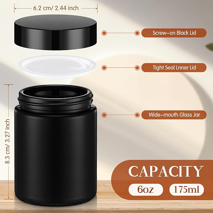 Domensi 24 Pcs Bulk 6oz Glass Jars with Lids Leakproof Round Airtight Empty Cosmetic Jars with Inner Liners Lid for Storing Lotions Spices Ointments Food Storage (Frosted Black)