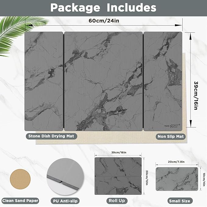 2PCS Stone Drying Mat for Kitchen Counter, Dark Gray with Black Veins Large Stone Dish Drying Mat - Diatomite Earth Water Absorbing Drying Stone for Kitchen Counter Mat, Quick Dry Stone Mat Kitchen