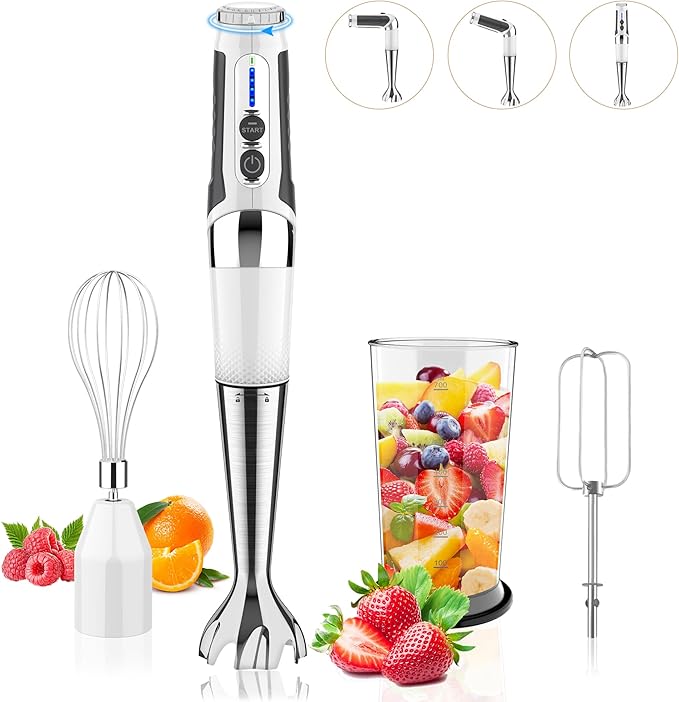 Toogel Cordless Immersion Blender, 3-in-1 Electric Hand Blender with 21-Speed & 3-Angle Adjust, USB Rechargeable, BPA-Free & Dishwasher Safe for Baby Food, Smoothies, Soup (White)