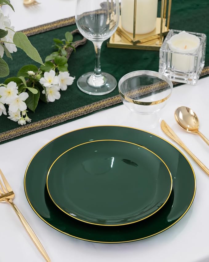 PULOTE 60PCS Green Plastic Plates - Heavy Duty Green Disposable Include 30 Each (10 inch Dinner & 7 inch Dessert) Plates, Ideal for Party & Christmas