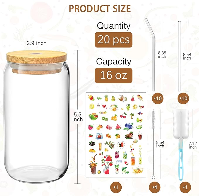 PeacePeo 16 OZ Glass Cups with Lids and Straws, 20 Set Can Beer Glass Cups with Bamboo Lids Cute and Reusable Drinking Glasses with Lid Ice Coffee Glasses Great for Beer, Cocktail, Tea and Latte
