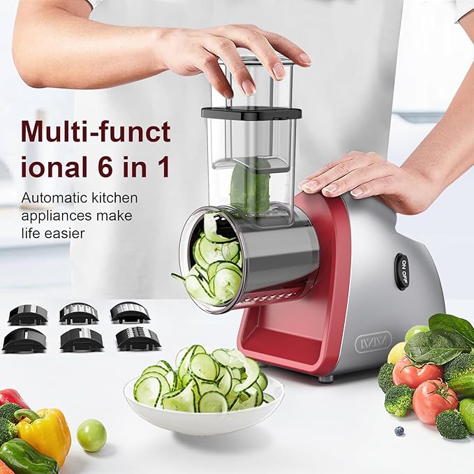 Electric Cheese Grater with 6 Different Shapes of Blades for Home Kitchen Use,250W Salad Shooter Electric Slicer for Vegetables,Fruits,Cheeses,Gray