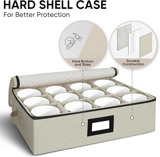 BALEINE China Storage Containers, Sturdy Quilted Wine Glass Storage, Plate Organizer with Carry Handles, Moving Boxes for Dishes, Cups, Mugs and Stemware (Mug, Hard Shell Cream)