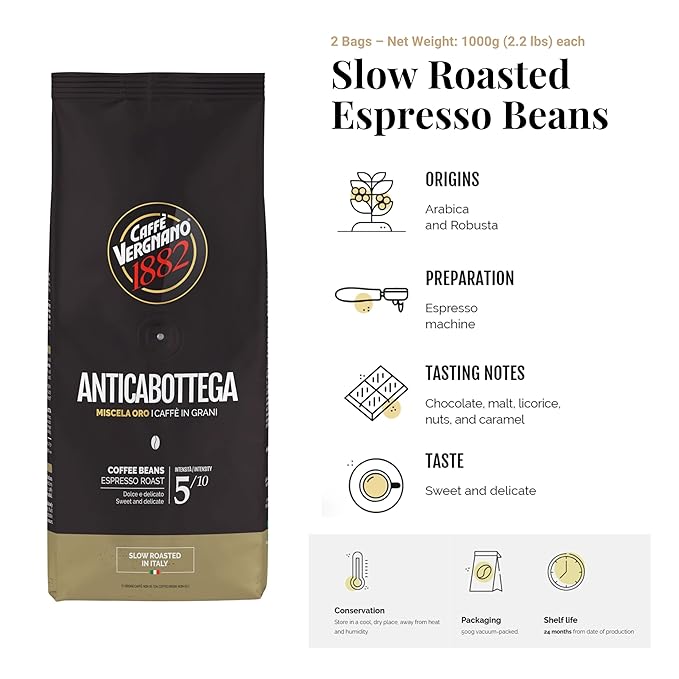 Caffe Vergnano Espresso Beans Antica Bottega Whole Bean Coffee 2.2 lb (Pack of 2) - Italian Medium Roast Arabica, with Chocolate Caramel Notes - For Coffee Maker, French Press Espresso Maker, Moka Pot