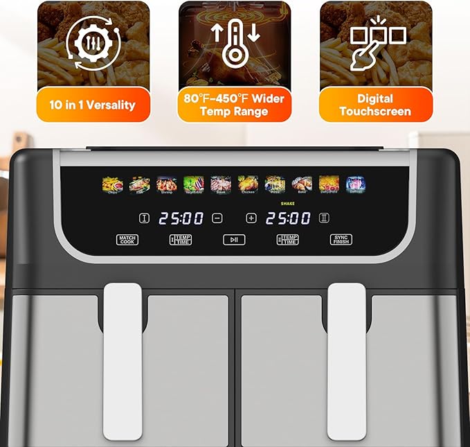 NEWBULIG Dual Air Fryer with 2 Baskets 9.5 QT, 10 in 1 Large Air Fryers with Ceramic Crisper Plate, Match Cook, Sync Finish, Shake Reminder, 80-450°F Wide Temp, Roast, Defrost, Dehydrate, Bake, Black