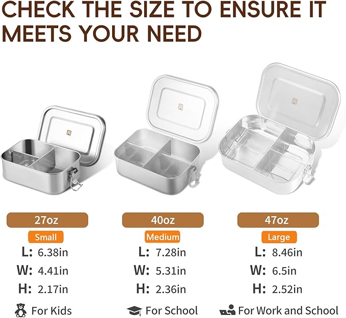 GOLDEN KEY 27oz Stainless Steel Lunch Box for Kids,BPA Free Bento Box for Kids with Leakproof Condiment Container,3 Compartment Bento box for School and Eating Out,Freezer & Dishwasher Safe(Brown)