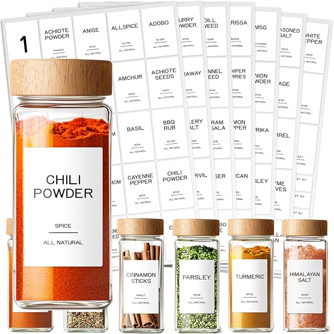 201 Spice Jar Labels - Preprinted Minimalist Waterproof Stickers for Kitchen Jars, Herb & Seasoning Labels for Pantry Organization