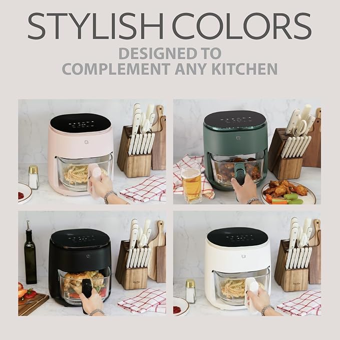 WILLOW Eco Series 6 in 1 Air Fryer with Glass Basket, 5 Quart Non Toxic Air Fryer w Digital Display, 430°F Max Temp, Preheat & Keep Warm Function, Compact + Dishwasher Safe Glass Airfryer - WHITE